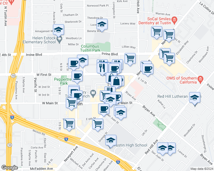 map of restaurants, bars, coffee shops, grocery stores, and more near 12 Centennial Way in Tustin