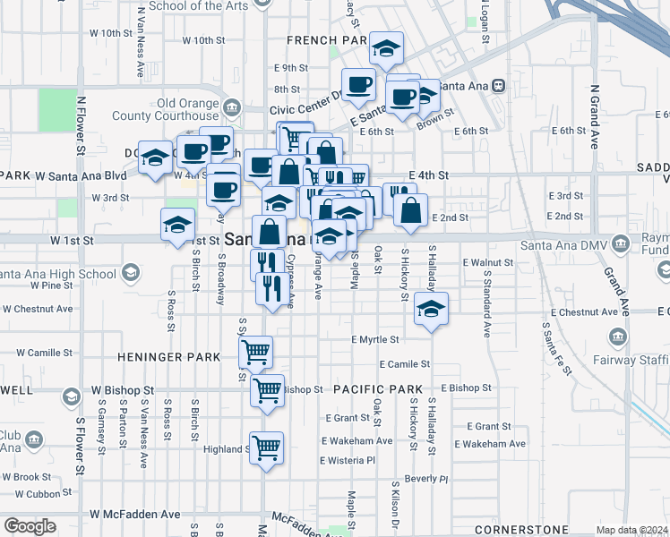 map of restaurants, bars, coffee shops, grocery stores, and more near 320 East Walnut Street in Santa Ana