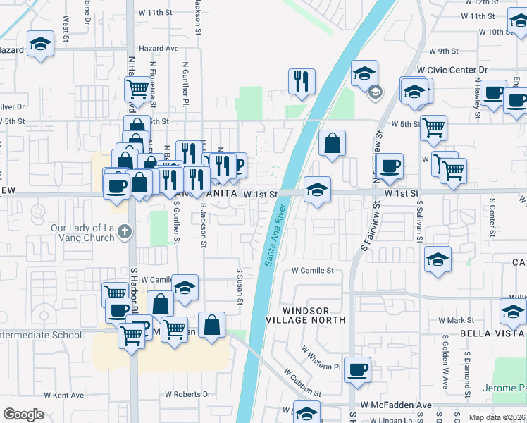 map of restaurants, bars, coffee shops, grocery stores, and more near 3126 West 1st Street in Santa Ana