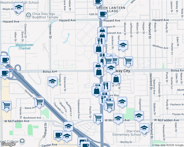 map of restaurants, bars, coffee shops, grocery stores, and more near 7852 Bolsa Avenue in Midway City