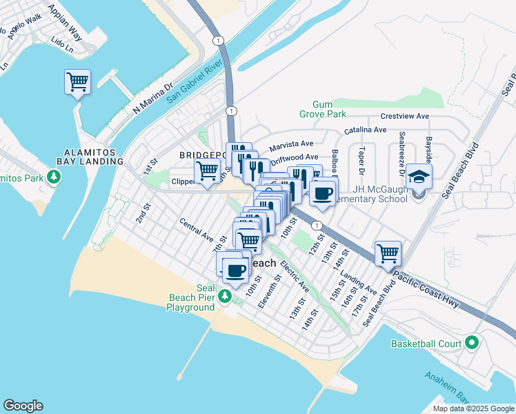 map of restaurants, bars, coffee shops, grocery stores, and more near 302 8th Street in Seal Beach