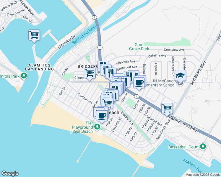 map of restaurants, bars, coffee shops, grocery stores, and more near 302 8th Street in Seal Beach