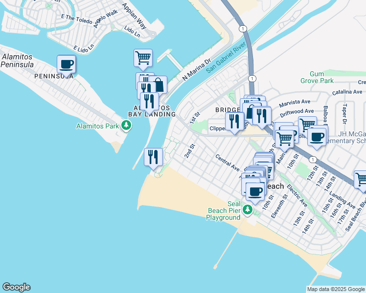 map of restaurants, bars, coffee shops, grocery stores, and more near 127 2nd Street in Seal Beach