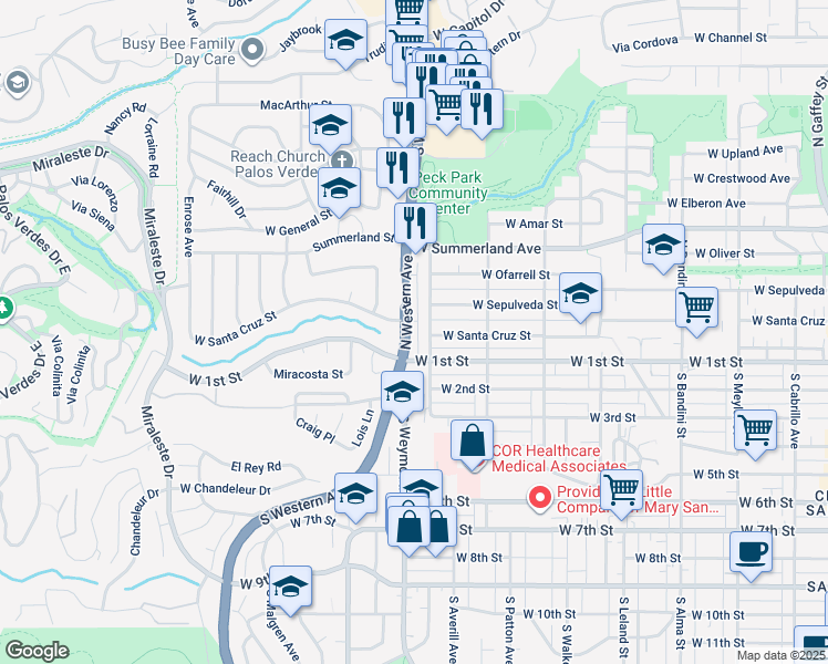 map of restaurants, bars, coffee shops, grocery stores, and more near 116 California 213 in Los Angeles