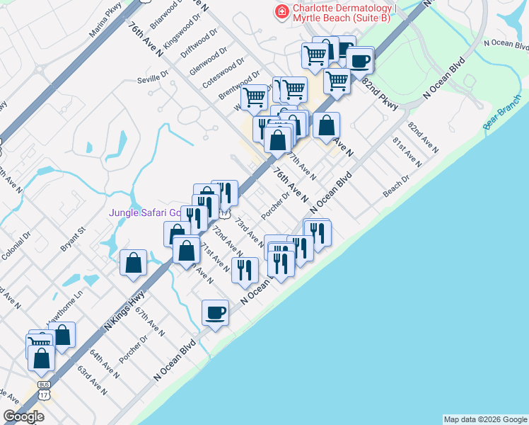 map of restaurants, bars, coffee shops, grocery stores, and more near 311 75th Avenue North in Myrtle Beach