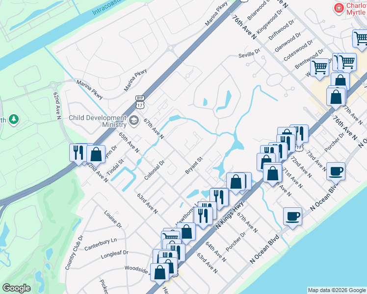 map of restaurants, bars, coffee shops, grocery stores, and more near 782 67th Avenue North in Myrtle Beach