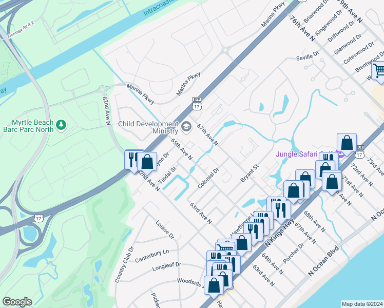 map of restaurants, bars, coffee shops, grocery stores, and more near 812 65th Avenue North in Myrtle Beach