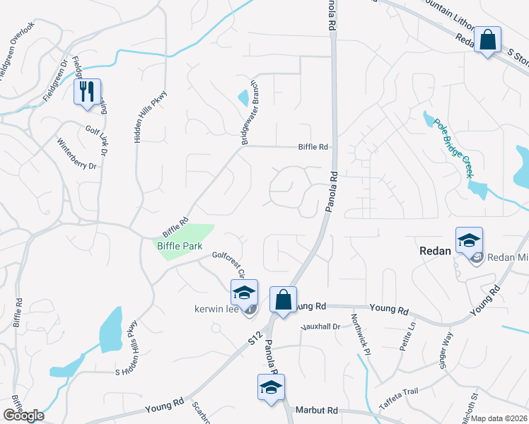 map of restaurants, bars, coffee shops, grocery stores, and more near 5363 Biffle Lane in Stone Mountain