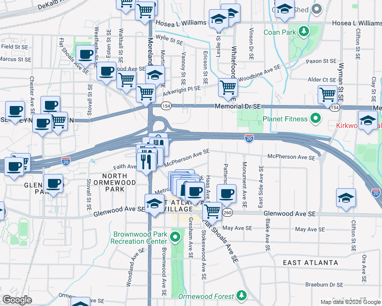 map of restaurants, bars, coffee shops, grocery stores, and more near 1276 McPherson Avenue Southeast in Atlanta