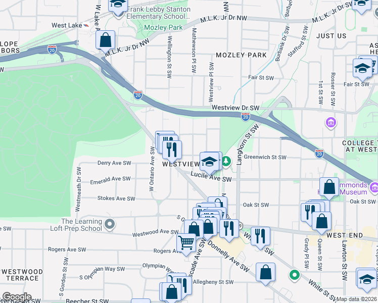 map of restaurants, bars, coffee shops, grocery stores, and more near 415 Mathewson Place Southwest in Atlanta