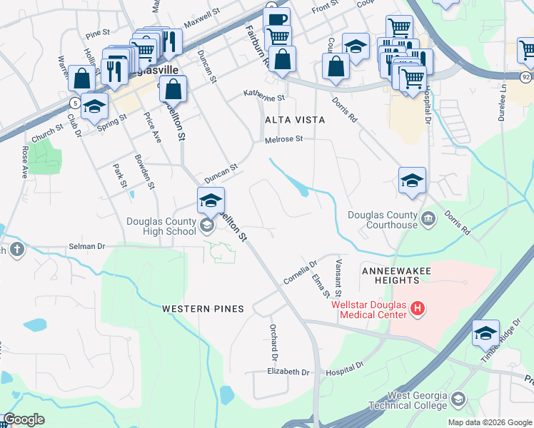 map of restaurants, bars, coffee shops, grocery stores, and more near 8709 Lake Forrest Drive in Douglasville