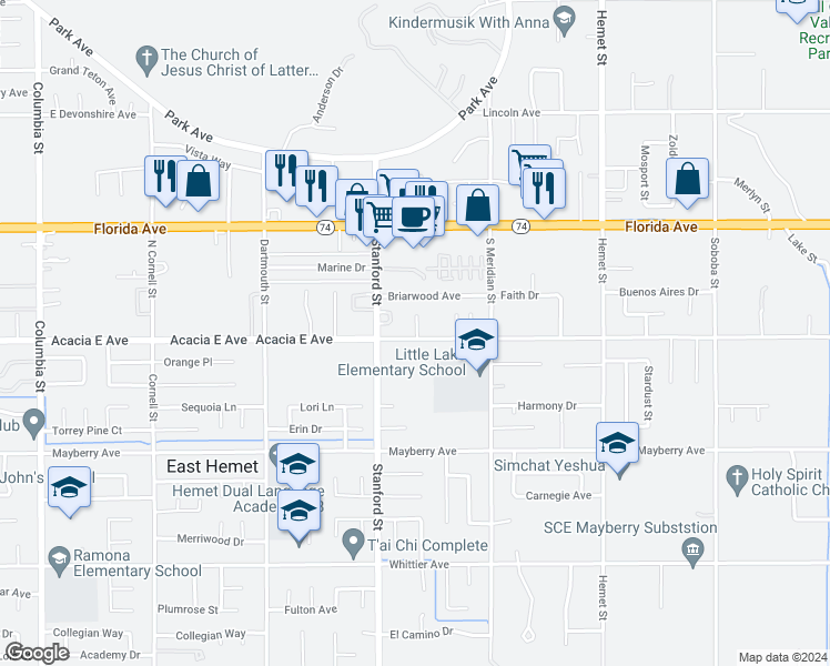 map of restaurants, bars, coffee shops, grocery stores, and more near 41852 Acacia East Avenue in Hemet
