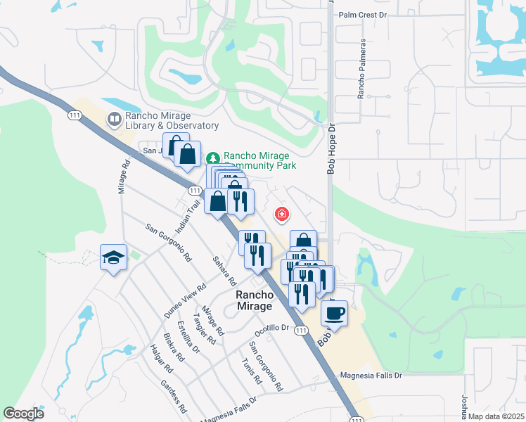 map of restaurants, bars, coffee shops, grocery stores, and more near 71730 San Jacinto Drive in Rancho Mirage
