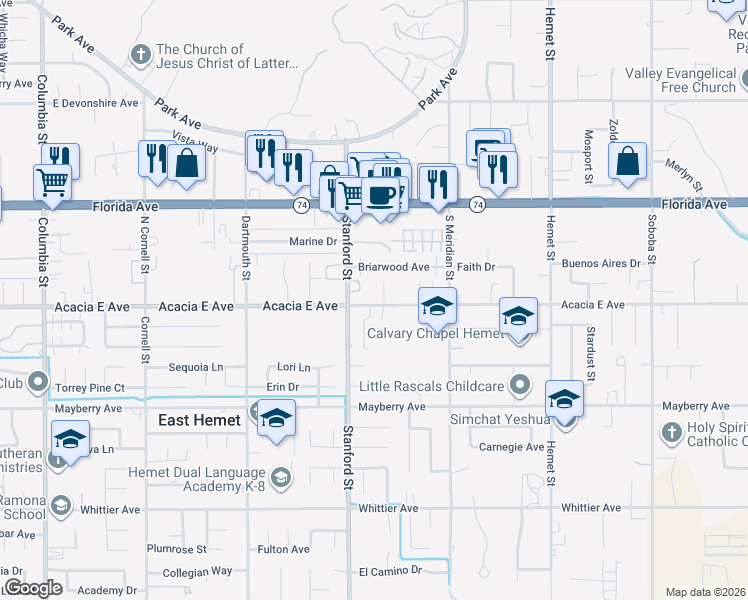 map of restaurants, bars, coffee shops, grocery stores, and more near 41836 Acacia East Avenue in Hemet