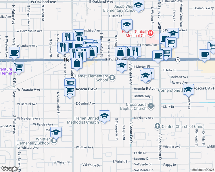 map of restaurants, bars, coffee shops, grocery stores, and more near 253 South Franklin Street in Hemet