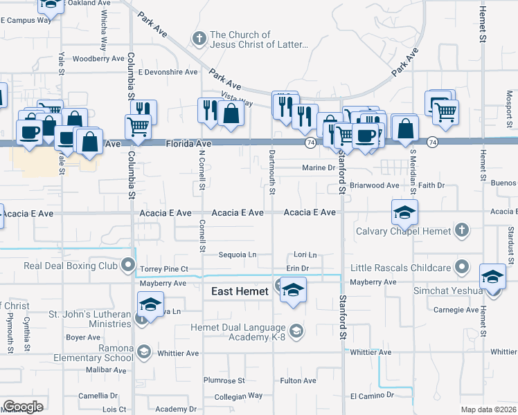 map of restaurants, bars, coffee shops, grocery stores, and more near 25989 Baylor Way in Hemet