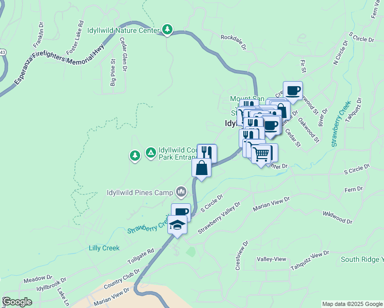 map of restaurants, bars, coffee shops, grocery stores, and more near 54030 Pine Crest Avenue in Idyllwild-Pine Cove