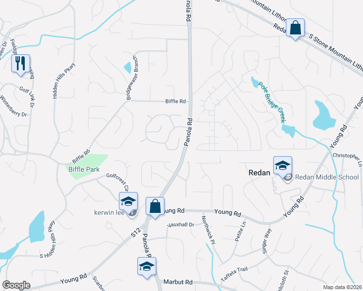 map of restaurants, bars, coffee shops, grocery stores, and more near 1628 Downs Crossing in Stone Mountain