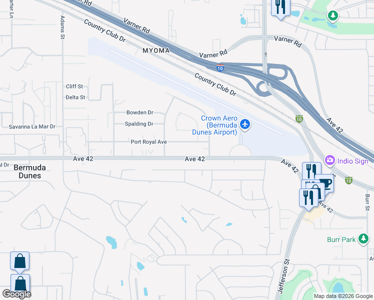 map of restaurants, bars, coffee shops, grocery stores, and more near 79602 Avenue 42 in Bermuda Dunes