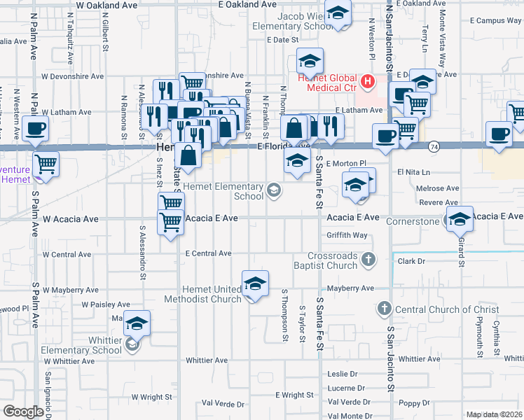 map of restaurants, bars, coffee shops, grocery stores, and more near 253 South Franklin Street in Hemet