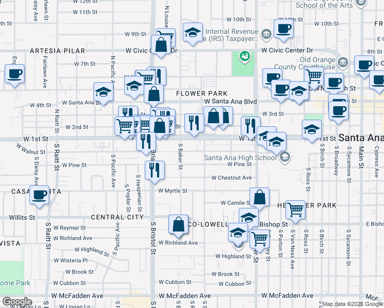 map of restaurants, bars, coffee shops, grocery stores, and more near 1126 West Walnut Street in Santa Ana