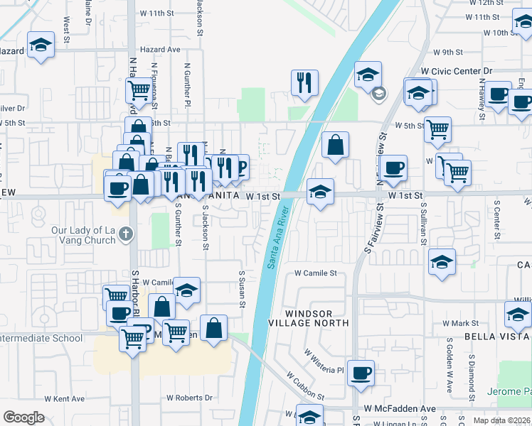 map of restaurants, bars, coffee shops, grocery stores, and more near 3126 West 1st Street in Santa Ana
