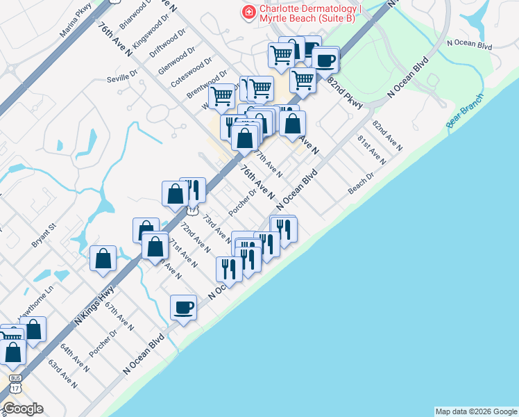map of restaurants, bars, coffee shops, grocery stores, and more near 303 75th Avenue North in Myrtle Beach