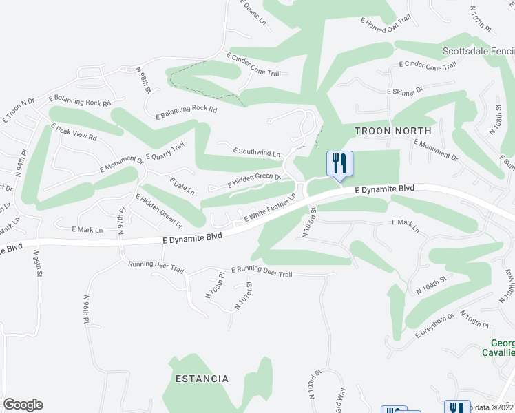 map of restaurants, bars, coffee shops, grocery stores, and more near 28531 North 102nd Place in Scottsdale
