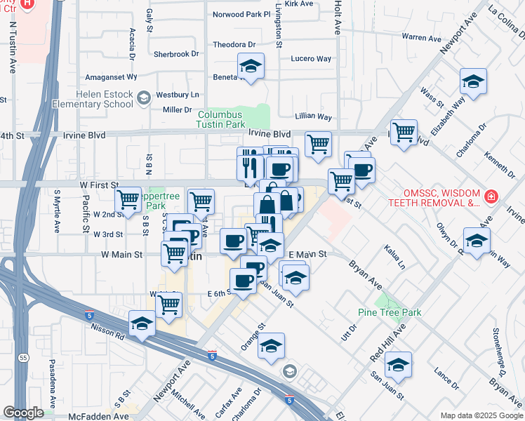 map of restaurants, bars, coffee shops, grocery stores, and more near 12 Centennial Way in Tustin