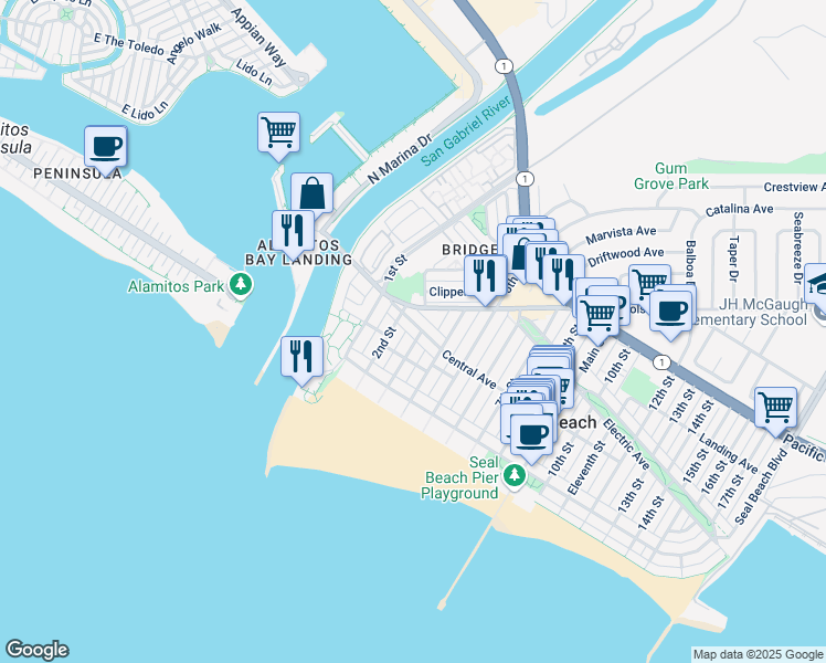 map of restaurants, bars, coffee shops, grocery stores, and more near 302 Central Avenue in Seal Beach