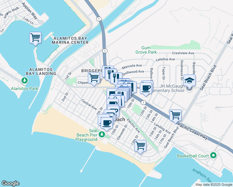map of restaurants, bars, coffee shops, grocery stores, and more near 317 8th Street in Seal Beach