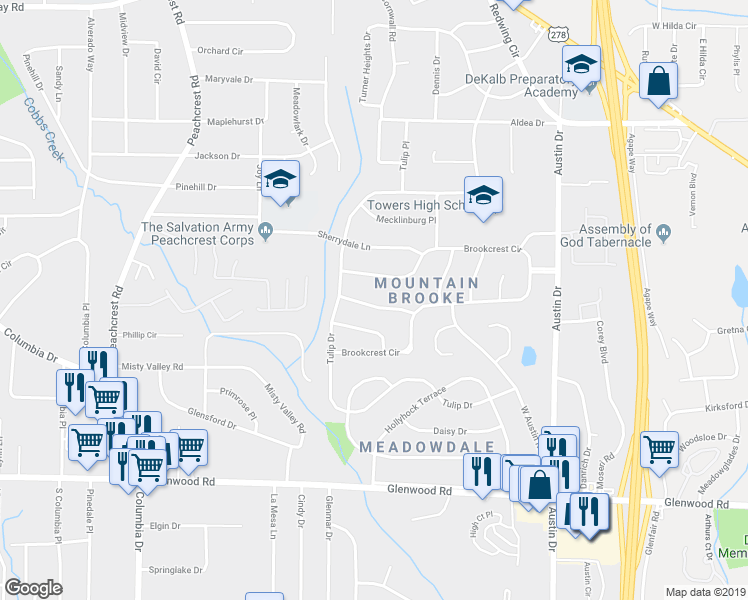 map of restaurants, bars, coffee shops, grocery stores, and more near 3611 Hillsborough Lane in Decatur