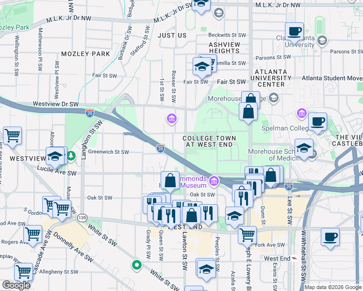 map of restaurants, bars, coffee shops, grocery stores, and more near 406 Lawton Street Southwest in Atlanta