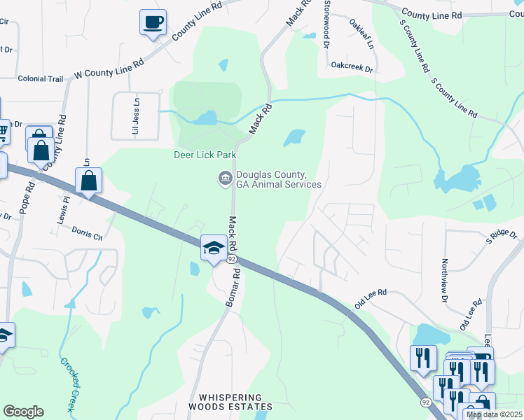 map of restaurants, bars, coffee shops, grocery stores, and more near 2256 Mack Road in Douglasville