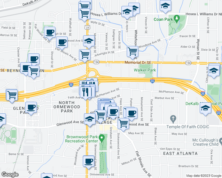 map of restaurants, bars, coffee shops, grocery stores, and more near 1276 McPherson Avenue Southeast in Atlanta