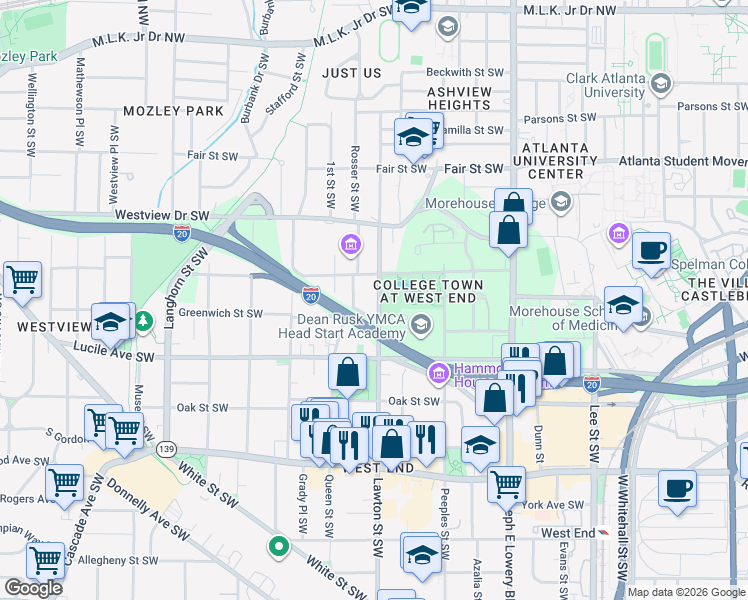 map of restaurants, bars, coffee shops, grocery stores, and more near 406 Lawton Street Southwest in Atlanta