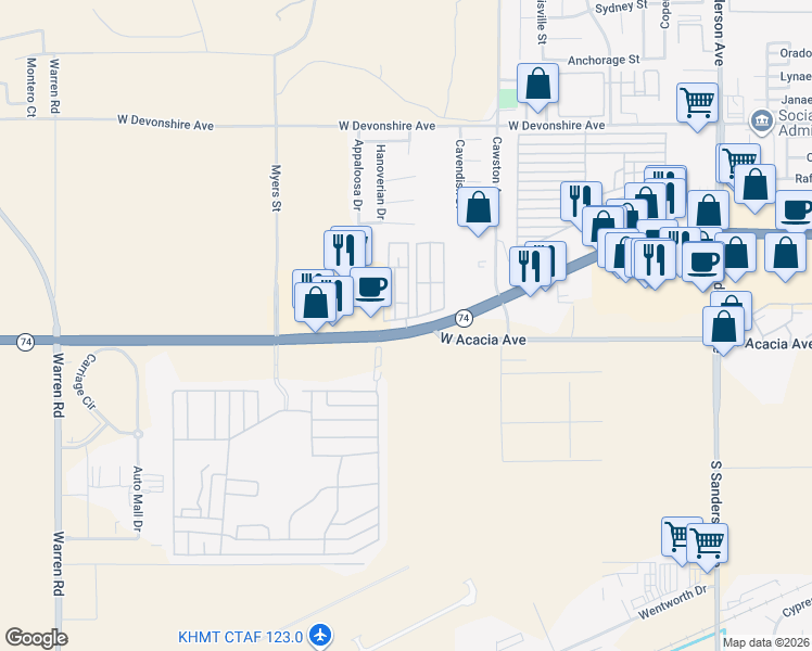 map of restaurants, bars, coffee shops, grocery stores, and more near 4400 West Florida Avenue in Hemet