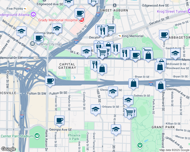 map of restaurants, bars, coffee shops, grocery stores, and more near 387 Hill Street Southeast in Atlanta