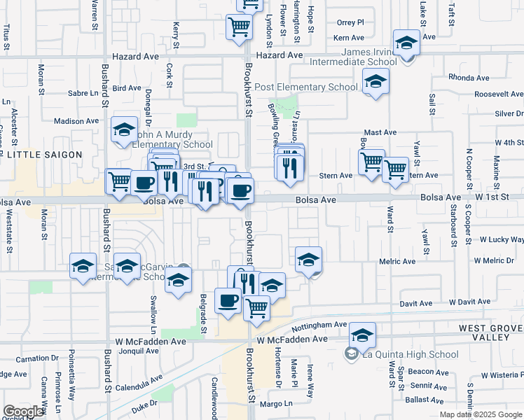 map of restaurants, bars, coffee shops, grocery stores, and more near 10052 Bolsa Avenue in Westminster