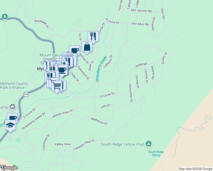 map of restaurants, bars, coffee shops, grocery stores, and more near 26020 Boulder Drive in Idyllwild-Pine Cove