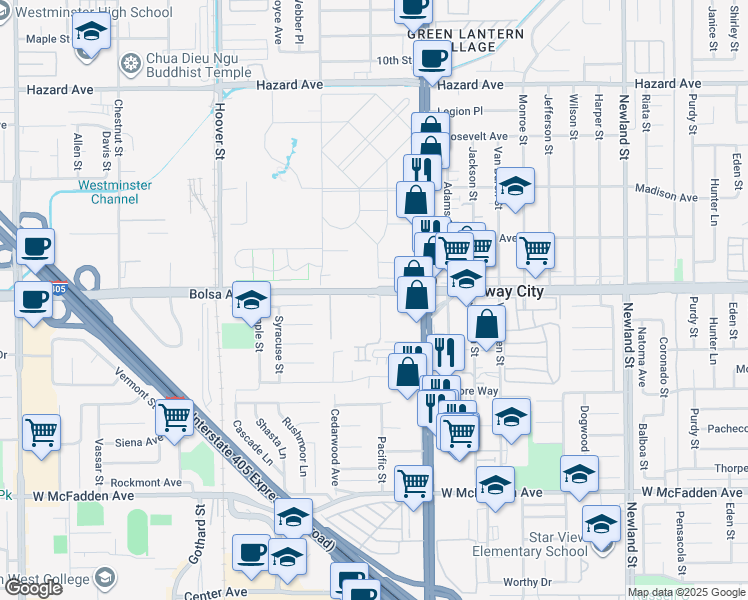 map of restaurants, bars, coffee shops, grocery stores, and more near 7852 Bolsa Avenue in Midway City