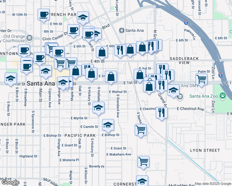map of restaurants, bars, coffee shops, grocery stores, and more near 906 East Walnut Street in Santa Ana