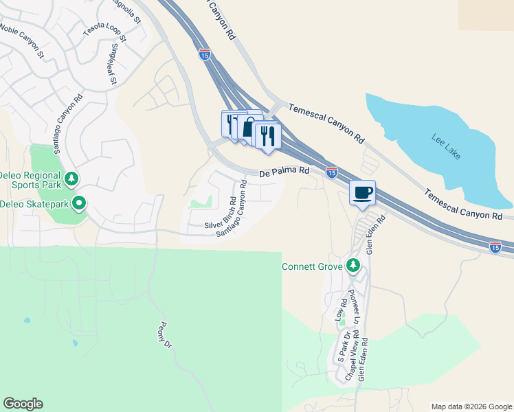 map of restaurants, bars, coffee shops, grocery stores, and more near 11893 Flicker Cove in Corona