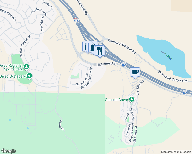 map of restaurants, bars, coffee shops, grocery stores, and more near 11893 Flicker Cove in Corona