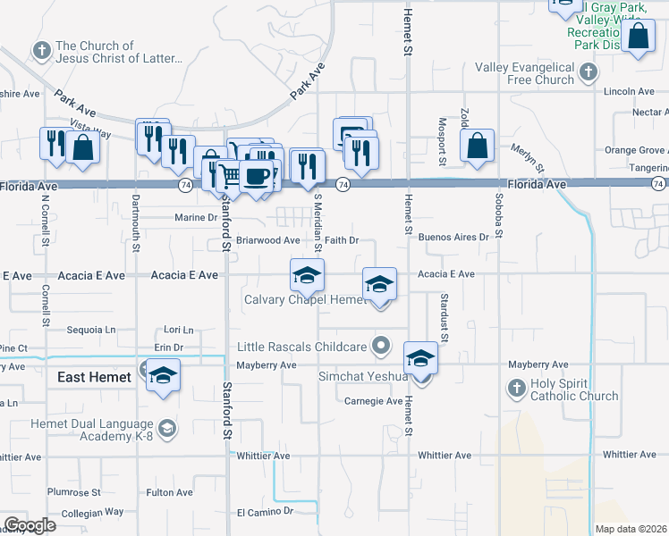 map of restaurants, bars, coffee shops, grocery stores, and more near 42040 Acacia East Avenue in Hemet
