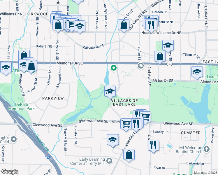 map of restaurants, bars, coffee shops, grocery stores, and more near 411 Hillside Village Drive Southeast in Atlanta