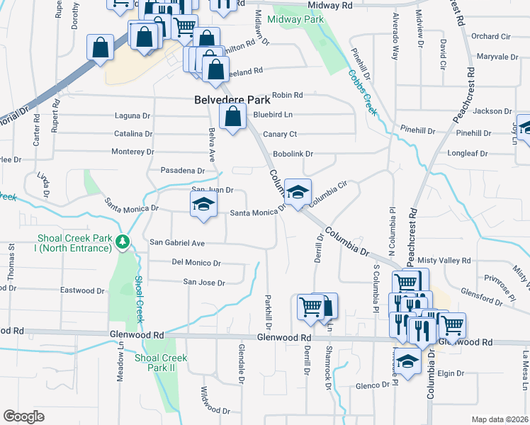 map of restaurants, bars, coffee shops, grocery stores, and more near 3119 Santa Monica Drive in Decatur