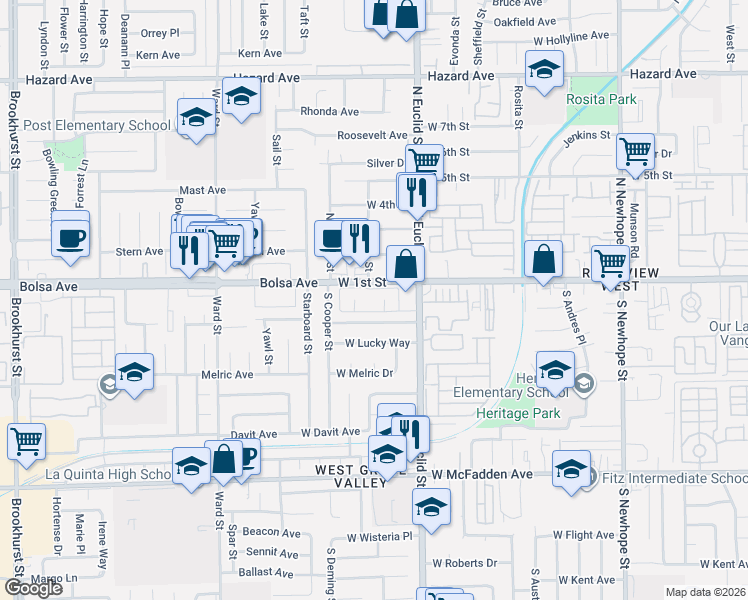map of restaurants, bars, coffee shops, grocery stores, and more near 5309 West Henderson Place in Santa Ana