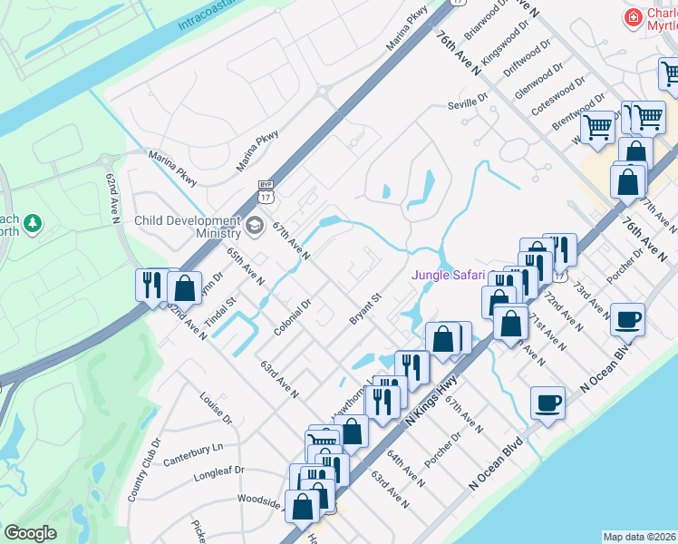map of restaurants, bars, coffee shops, grocery stores, and more near 714 67th Avenue North in Myrtle Beach