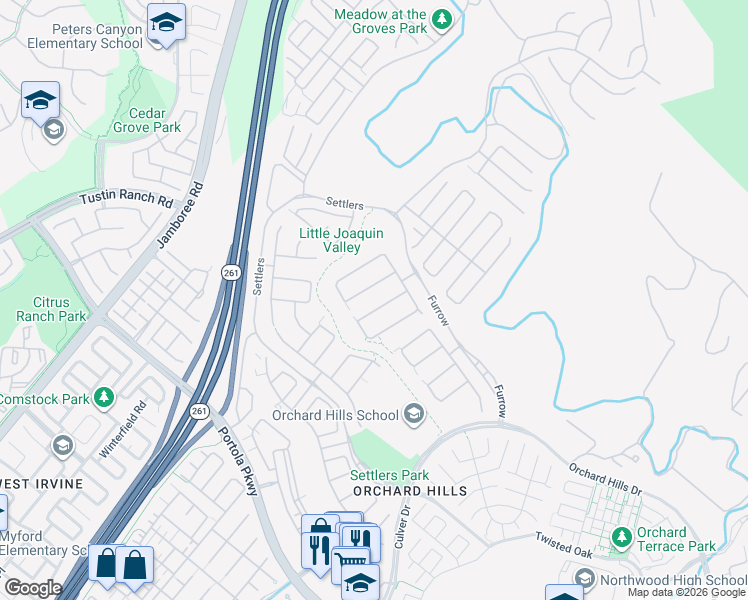 map of restaurants, bars, coffee shops, grocery stores, and more near 114 Candleglow in Irvine